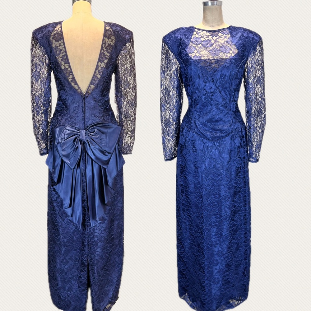 VINTAGE 80s sapphire lace formal dress prom gown long sleeve maxi bow open back